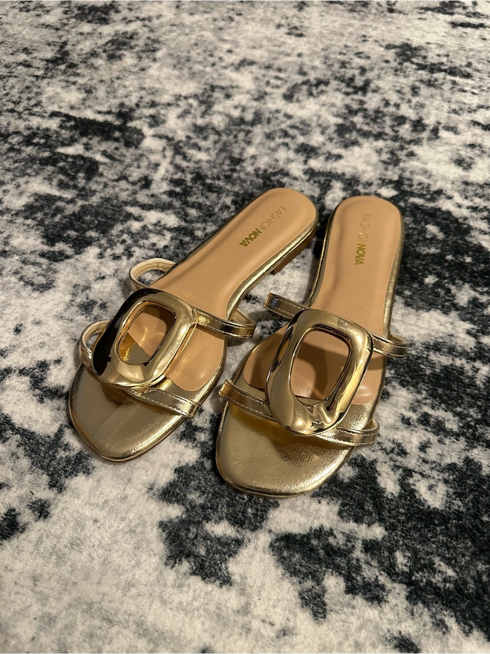 Fashion Nova Metallic Gold Slide Mules with Statement Buckle